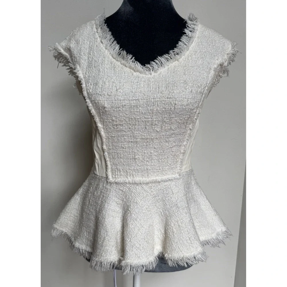 Rebecca Taylor Blouse 4 Tweed Leather‎ Peplum Coquette Old Money Luxury $350 - Picture 9 of 16